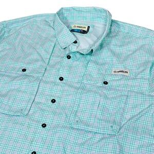 Magellan Outdoors Aransas Pass Fish Gear Shirt Mens 2XL Teal Gingham Relaxed Fit